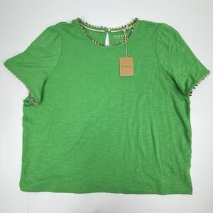 Boden Ali Jersey Top US 20 22 Green Pom Pom Trim Cotton Short Sleeve Blouse